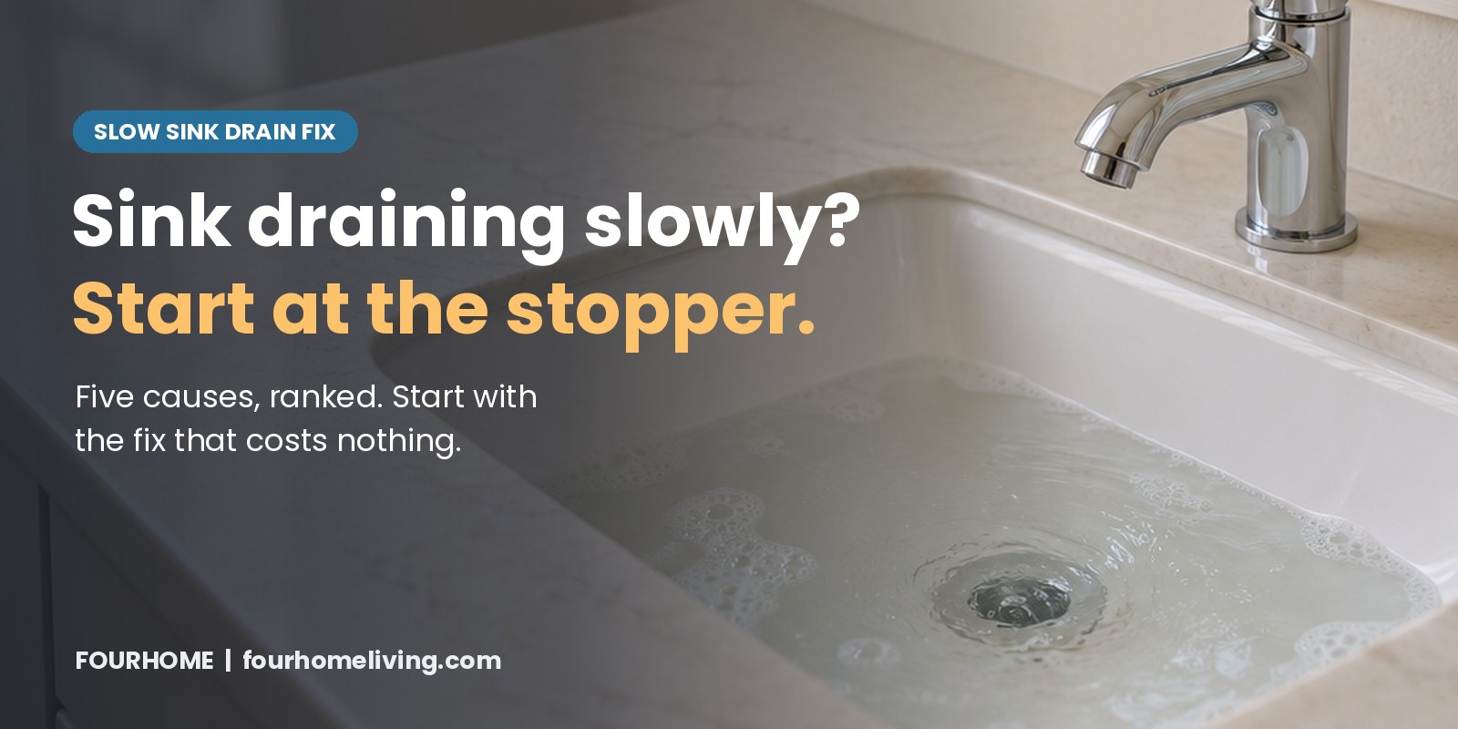 Slow-draining bathroom sink: causes and fixes White bathroom sink half full of soapy water draining slowly around the drain, chrome faucet behind