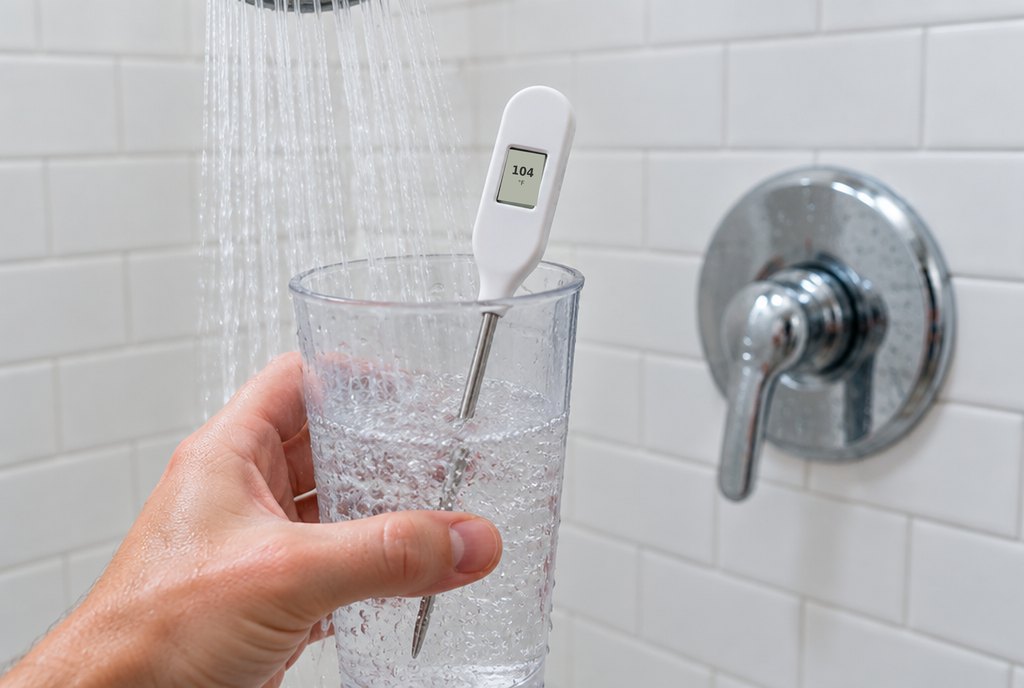 Plastic cup with a dial thermometer held under a running shower stream in a white tiled shower