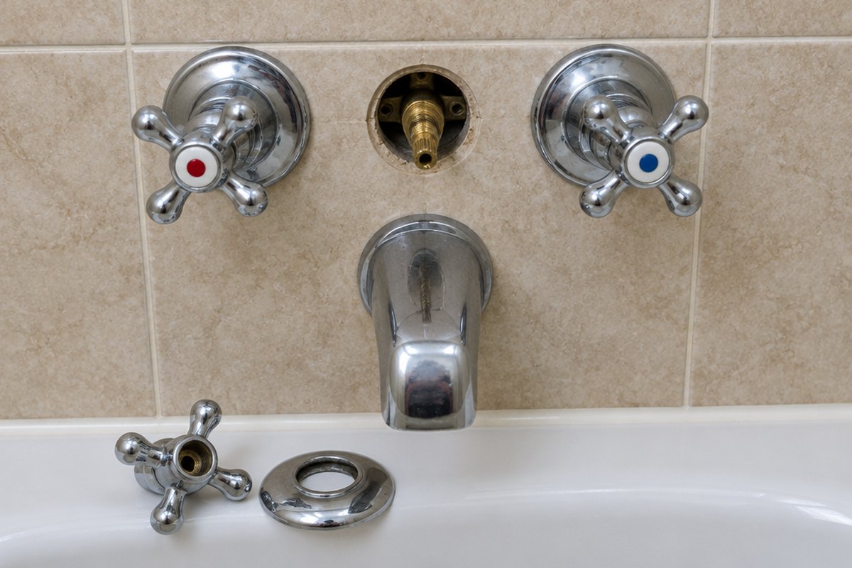 An older chrome three-handle tub and shower faucet on beige tile with the hot and cold handles in place, the center handle and escutcheon removed and resting on the tub rim, and the brass diverter stem exposed in the wall