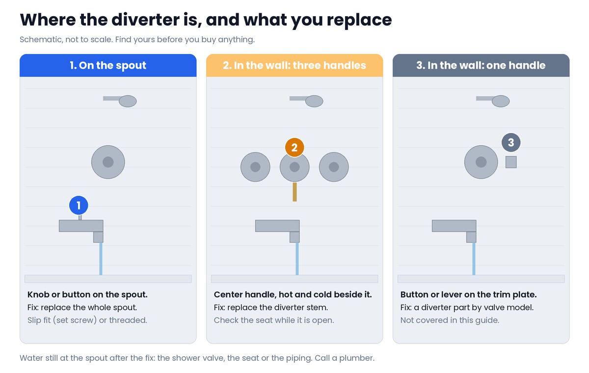 Diagram in three panels: a diverter on the spout, a knob on the spout, fix is a new tub spout; a diverter in the wall on a three-handle faucet, the center handle, fix is a new diverter stem; a diverter in the wall on a single-handle faucet, a button on the trim plate, fix is the diverter cartridge inside the valve