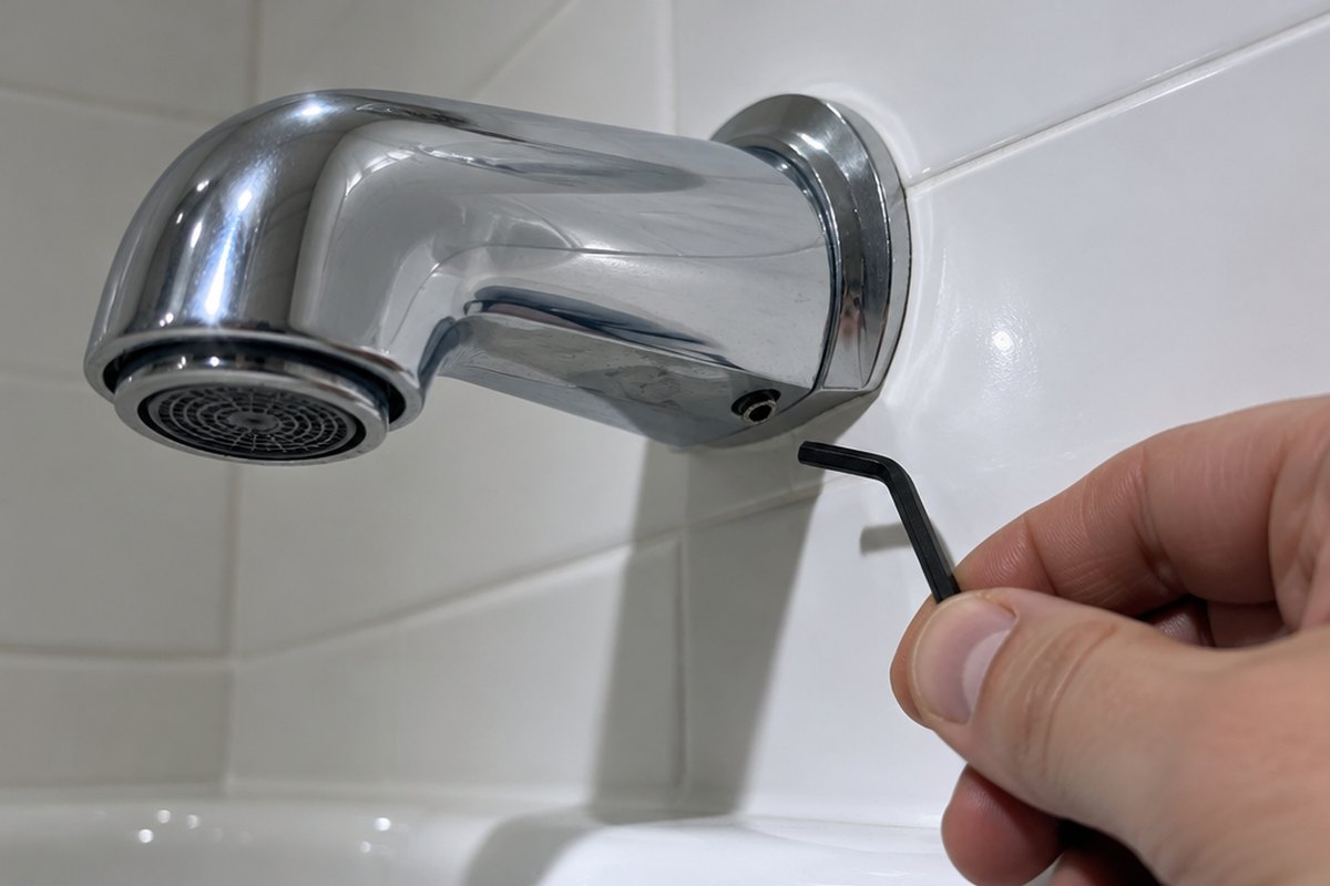 Looking up at the underside of a chrome tub spout near the wall, with a hand holding an L-shaped hex key at the small set screw hole that marks a slip-fit spout