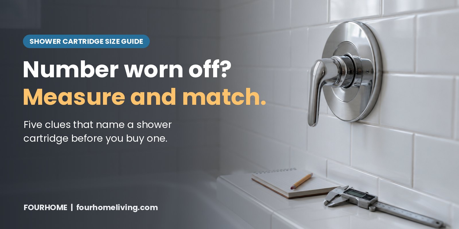 Number worn off? Measure and match: chrome single-handle shower trim on white tile with digital calipers on the tub ledge