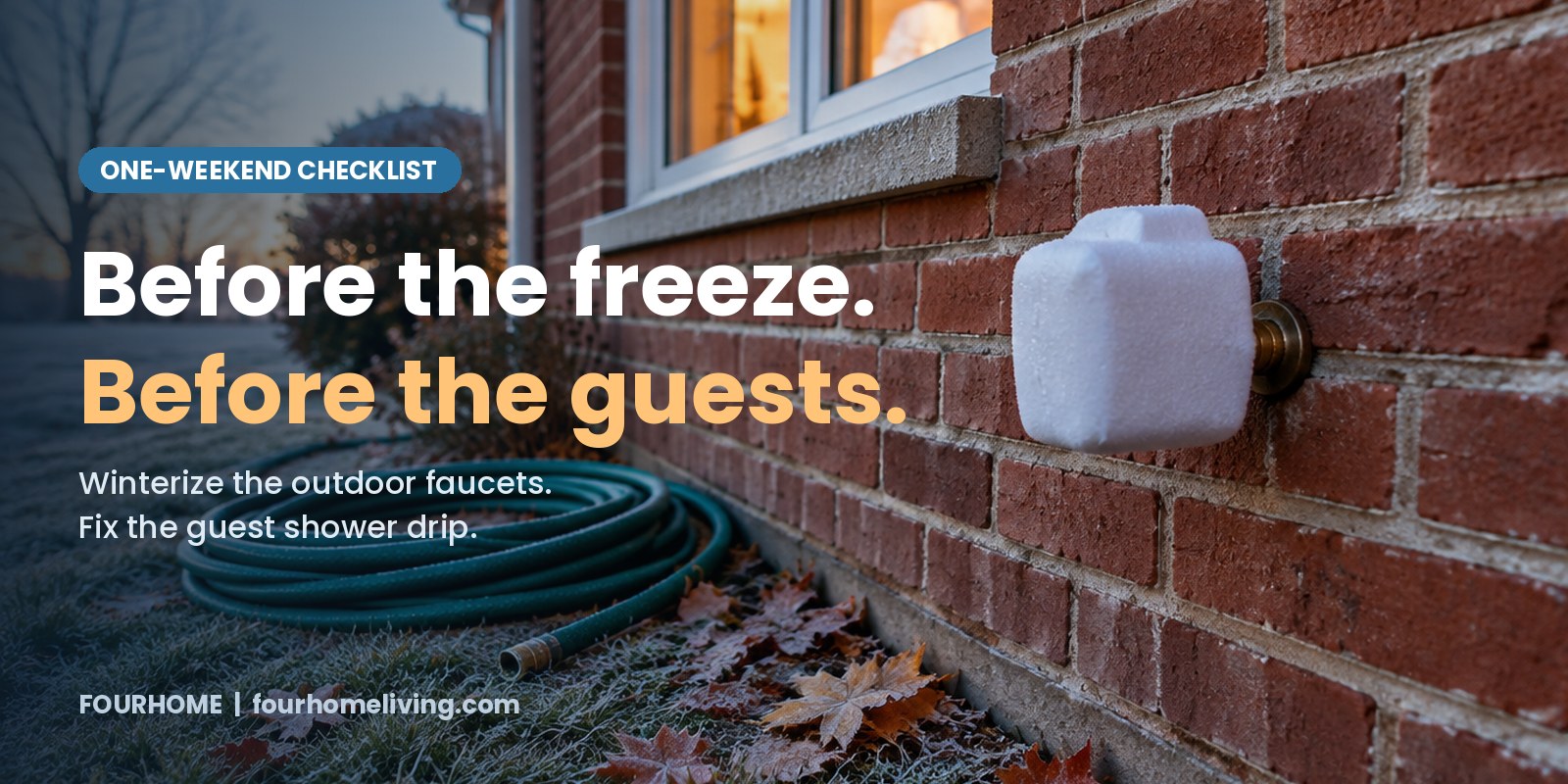 Outdoor hose faucet on a brick wall wearing an insulated cover on a frosty morning, garden hose disconnected and coiled